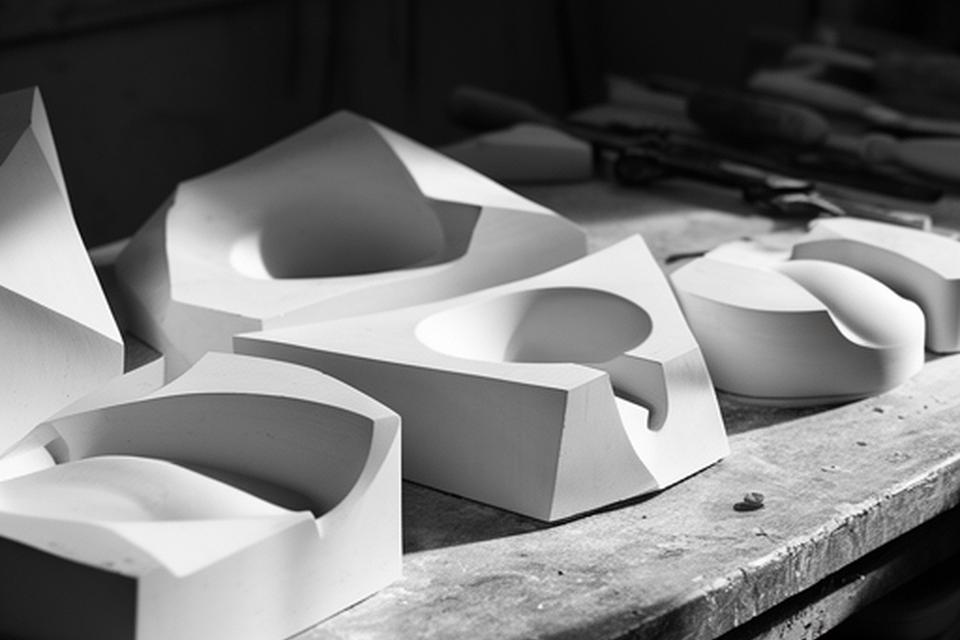 Monochrom gefilterte Werkbank mit Keramikformen, starken Kanten und hartem Licht im Atelier