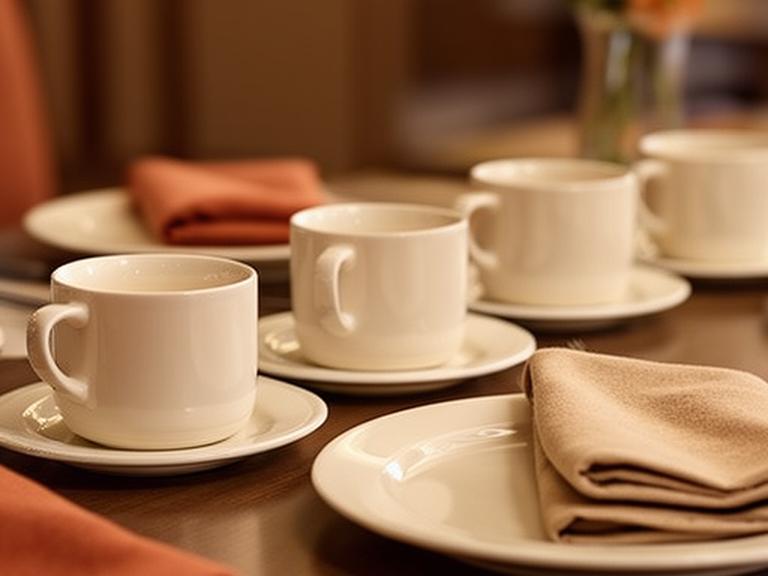 Hotelkollektion aus Porzellanbechern und Frühstückstellern neben Stoffservietten in warmer Umgebung