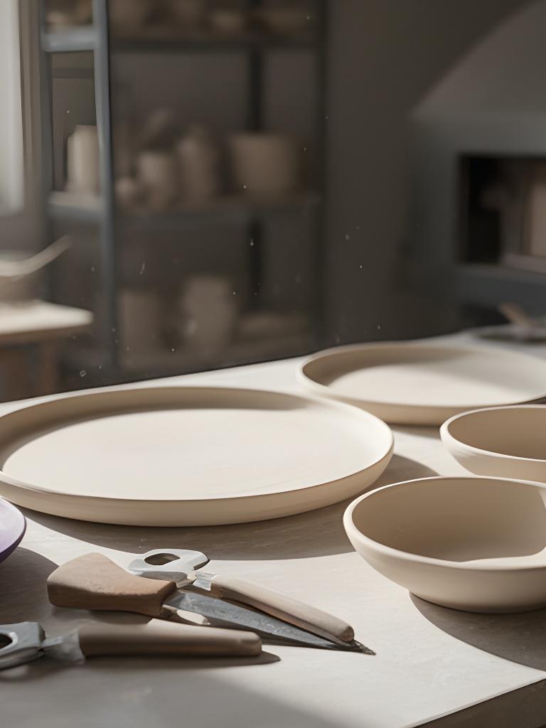 Keramische Teller und Schalen auf Werkbank im Zürcher Atelier mit feinen Werkzeugen und natürlichem Licht