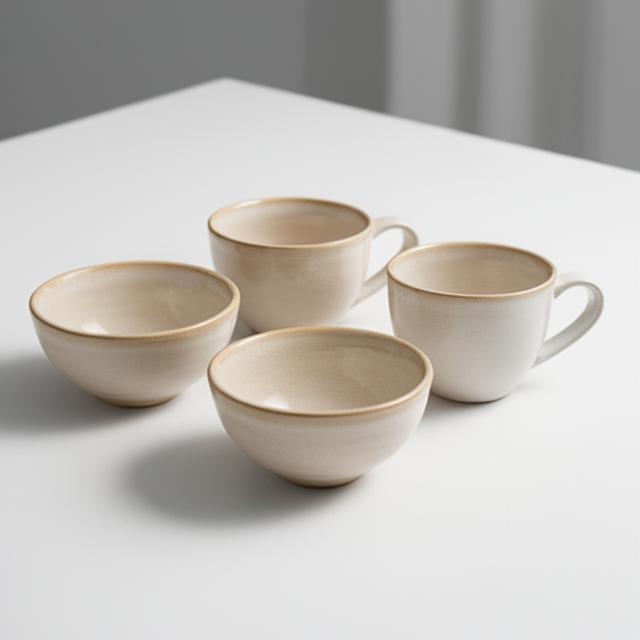 Feine Schalen und Tassen in warmem Beige auf einem weissen Tisch mit weichem Schatten