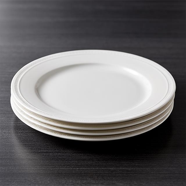 Weisse Porzellanteller auf einem dunklen Holztisch, sauber gestapelt und mit feinem Randdetail