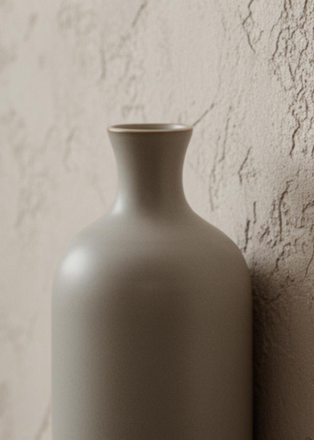 Glasierte Keramikvase in sanftem Licht neben einer strukturierten Wand, mit matter Oberfläche